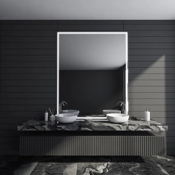 黑暗浴室内部有两个水槽 大镜子与反射镜 灰色墙壁和液体肥皂 卫生和温泉疗程的概念 3D渲染 — 图库照片