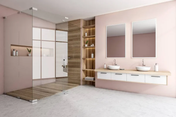 Pink Bathing Room Interior Wooden Douche Glass Doors Side View — Stok fotoğraf