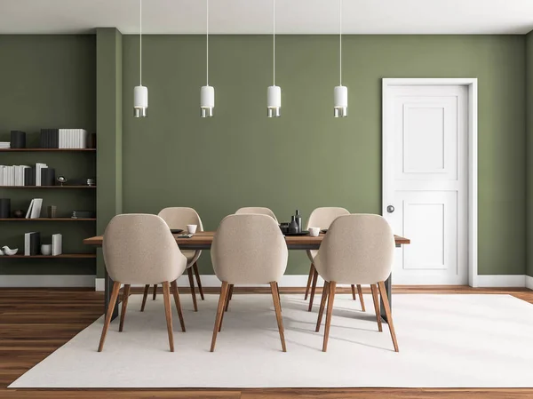 Esszimmer Mit Sechs Beigen Stühlen Und Holztisch Mit Geschirr Lampen — Stockfoto
