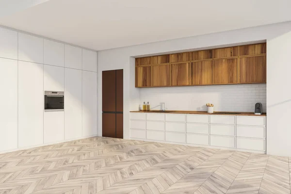 モダンな白と明るい木材素材 レンガのバックスプラッシュ 銅の外観冷蔵庫と光の寄木細工の床を使用して 流行のデザインと白いキッチンのコーナービュー ミニマルなインテリアコンセプト 3Dレンダリング — ストック写真
