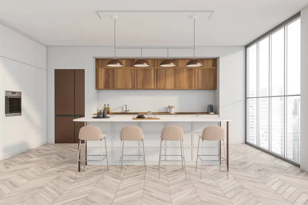 Interior Cozinha Moderna Com Quatro Cadeiras Bar Mesa Branca Pia — Fotografia de Stock