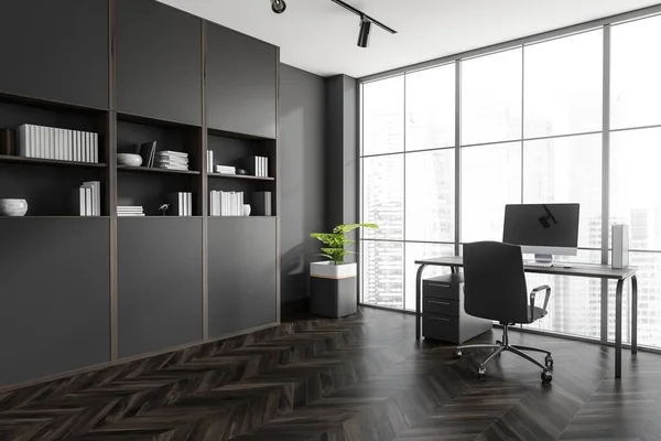 Corner View Panoramic Dark Grey Office Cabinet Desk Modern Interior — Stock Photo, Image