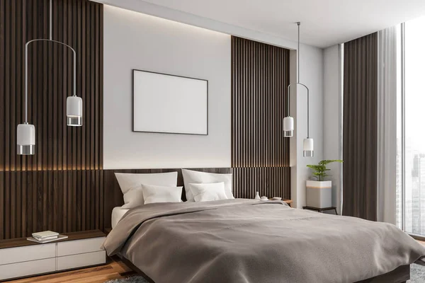 ダークウッドパネルと創造的なペンダントライトと現代の白とグレーの寝室の水平フレーム モダンなインテリアデザインのコンセプト モックアップ 3Dレンダリング — ストック写真