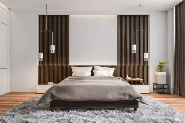 White Grey Bedroom Interior Wood Wall Paneling Creative Pendant Lights — Stock Photo, Image