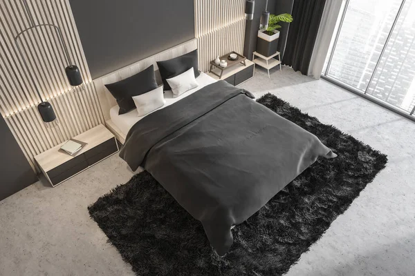 Graue Schlafzimmereinrichtung Mit Weißen Holzpaneelen Betonboden Grauem Teppich Bett Zwei — Stockfoto