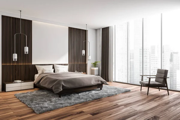 Witte Houten Slaapkamer Interieur Met Panoramisch Uitzicht Stad Muurbekleding Fauteuil — Stockfoto