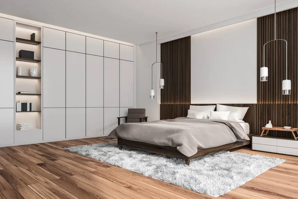 Interior Kamar Tidur Putih Dengan Panel Kayu Lampu Liontin Kreatif — Stok Foto