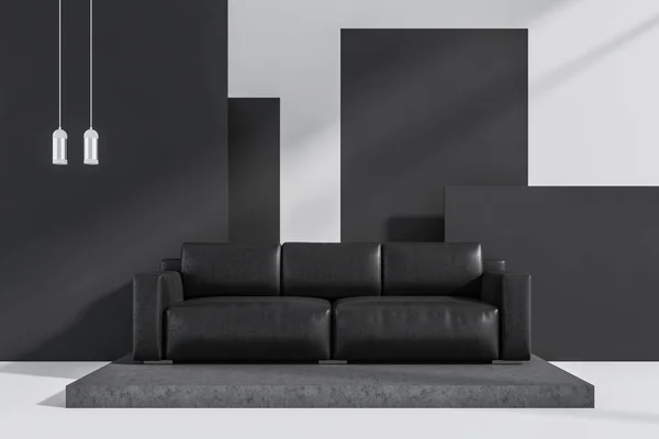 黑暗的客厅内部有巨大的黑色沙发 灰色的墙壁和混凝土地面 简约设计的概念 舒适的见面和等待的地方 3D渲染 — 图库照片