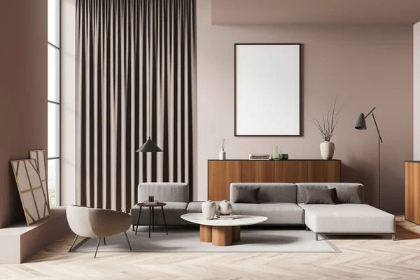 Helles Wohnzimmer Mit Leerem Weißen Poster Panoramafenster Großem Sofa Sessel — Stockfoto
