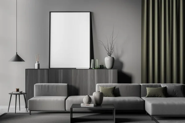 Dark living room interior with empty white poster, large sofa, coffee table, sideboard, lamp and concrete floor. Concept of minimalist design for chill. Mock up. 3d rendering