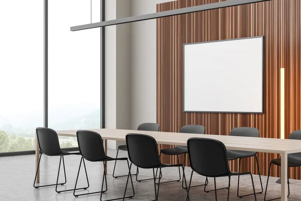Horizontal white board on wood office wall, table with eight black chairs, panoramic view, linear light and concrete floor. Corner view. Concept of modern meeting room design. Mock up. 3d rendering