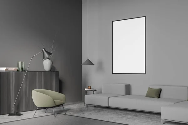 Dark living room interior with empty white poster, large sofa, coffee table, sideboard, lamp and concrete floor. Concept of minimalist design for chill. Mock up. 3d rendering