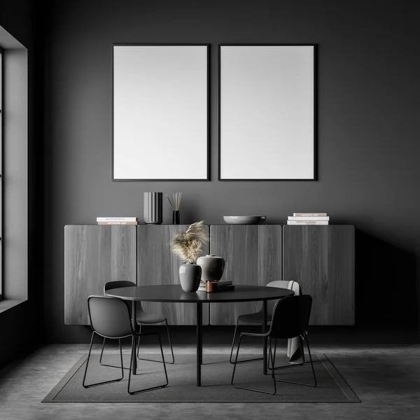 Lounge Belső Terében Négy Szék Asztal Díszítéssel Fekete Fából Készült — Stock Fotó