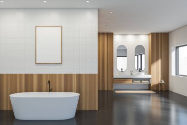 Banyo içi beyaz küvetli ve iki lavabo aynalı, masa havlulu ve pencere şehir manzaralı. Gri beton zemin ve ayak havlusu. Fayans duvarındaki çerçeve, 3B görüntüleme