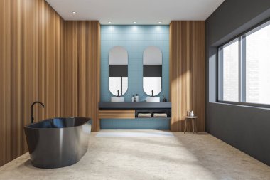 Minimalist banyo içi, aynalı iki lavabo, banyo aksesuarları ve havluları olan bir masa, bej beton zeminde siyah bir küvet, şehir manzaralı bir pencere. 3B görüntüleme