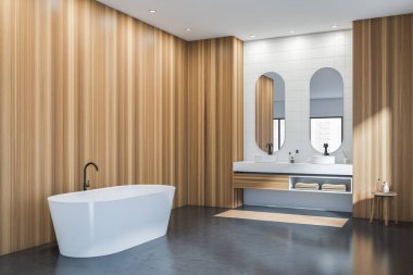 Banyo içi beyaz küvetli ve iki lavabosu aynalı, yan manzaralı, masa havlularıyla dolu. Gri beton zemin ve ayak havlusu. Boşluğu kopyala boş ahşap duvar, 3B görüntüleme