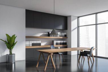 Karanlık ofis odasının iç tarafında iki koltuk, masa, klasörlü raflar, şehir gökdelen manzaralı panoramik pencere ve beton zemin. Minimalist tasarım kavramı. 3d oluşturma