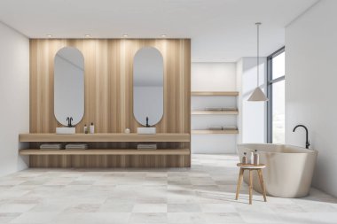 Iki lavabo, banyo, ayna, panoramik pencere, beyaz duvarlar, havlular ve sıvı sabun. Hijyenik ve spa prosedürleri kavramı. 3d oluşturma