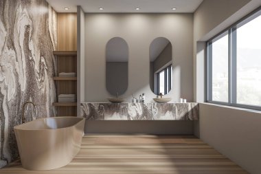 İçi iki lavabo, banyo küveti, oval aynalar, şehir manzaralı pencere, kahverengi duvarlar, havlu ve sıvı sabun dolu raflar. Hijyenik ve spa prosedürleri kavramı. 3d oluşturma
