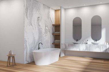 İki lavabo, oval aynalar, beyaz mermer duvarlar, havlu ve sıvı sabunla dolu raflar. Hijyenik ve spa prosedürleri kavramı. 3d oluşturma