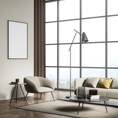 Odanın içi ahşap, koltuklar, vazo ve kitaplarla dolu kahve masası, kırsal alanda panoramik pencere, parke zemin ve halı. Boş tuval maketi, 3 boyutlu görüntüleme