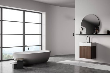 Küvetli açık banyo ve aynalı lavabo, aksesuarlı raf ve yuvarlak ayna, yan ayna, gri beton zemin ve kırsal manzaralı pencere, 3D görüntüleme