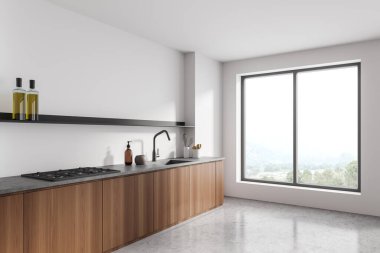 Parlak mutfak odasının içi boş beyaz duvar, panoramik pencere, lavabo, elektrikli fırın, dolap ve beton zemin. Minimalist tasarım kavramı. 3d oluşturma