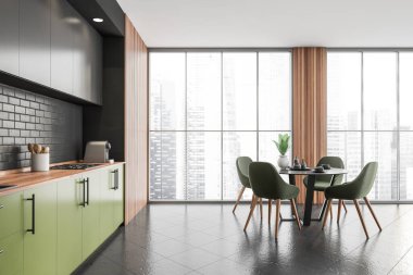 Dört koltuklu ve yuvarlak masalı modern yemek masası fayanslı zemin, yan manzara, şehir manzaralı panoramik pencere. Mutfak seti yeşil ve siyah dizaynlı. 3B görüntüleme
