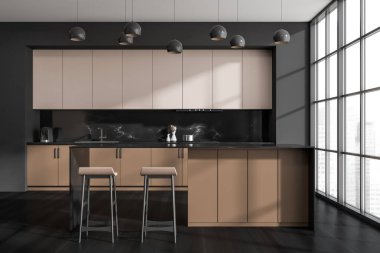 Siyah ve bej mutfak, kahvaltı barı, iki tabure, kolye ışıkları, şık mermer kaplama, yerden tavana pencere ve ahşap döşeme. Modern tasarım kavramı. 3d oluşturma