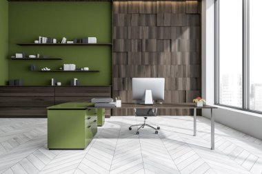 Masalı parlak ofis odası, rahat koltuk, masaüstü, gökdelen manzaralı panoramik pencere ve ahşap parke zemin. Çalışma süreci için mükemmel bir yer. Minimalist tasarım. 3d oluşturma