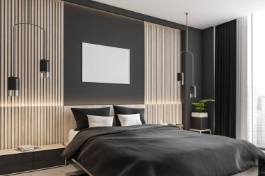 Beyaz ahşap panelleri ve yaratıcı kolye ışıklarıyla modern beyaz ve gri yatak odasında yatay çerçeve. Modern iç tasarım kavramı. Model yap. 3d oluşturma