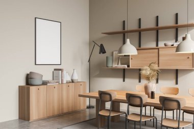 Parlak yemek odası içi boş beyaz poster, altı sandalye, masa, lamba, raflar, büfe, halı ve beton zemin. Yemek için minimalist tasarım kavramı. Model yap. 3d oluşturma