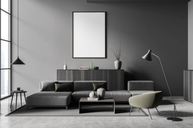 İçi boş beyaz poster, panoramik pencere, büyük kanepe, koltuk, sehpa, lamba ve beton zemin. Soğukluk için minimalist tasarım kavramı. Model yap. 3d oluşturma