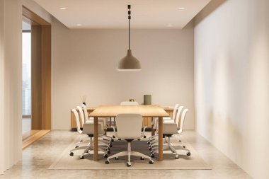 Parlak ofis odası içi boş beyaz duvar, panoramik pencere, koltuk, konferans tahtası, cam bölme ve beton zemin. Buluşmak için mükemmel bir yer. Minimalist tasarım. Model yap. 3d oluşturma