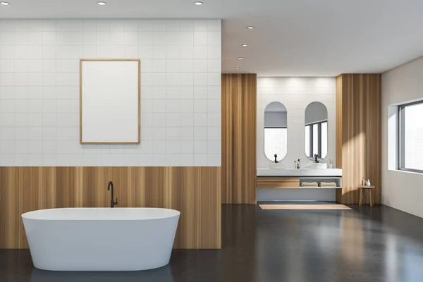 Badezimmereinrichtung Mit Weißer Badewanne Und Zwei Waschbecken Mit Spiegel Tisch — Stockfoto