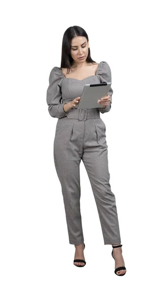 Office Woman Jumpsuit Pensive Look Using Mobile App Secretary Making — Stock Photo, Image