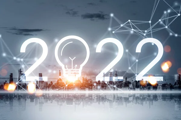 New York City gökdeleninin panoramik görüntüsü şehir merkezindeki finans merkezini yansıtıyor. 2022 yılbaşı tabelasında ampul ve hat bağlantısı var. Koyu gri gökyüzü, güneş ışığı ve parlaklığıyla. 3d oluşturma