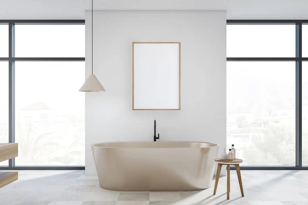 Bright Bathroom Interior Bathtub Empty White Poster Panoramic Window Town — 图库照片