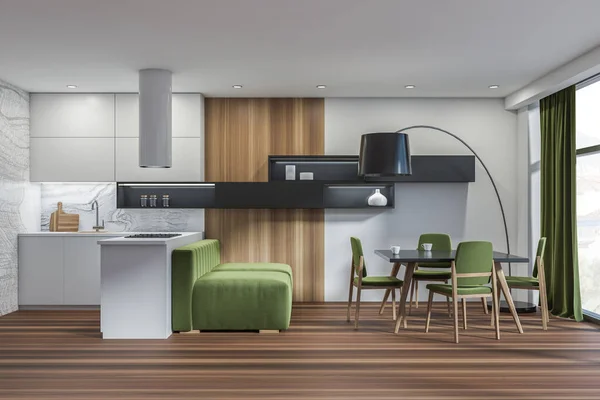 Helle Kücheneinrichtung Mit Grünem Sofa Vier Stühlen Lampe Weißer Wand — Stockfoto