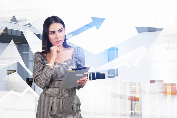 Office Woman Pensive Look Using Device Hand Thinking Double Exposure — 图库照片