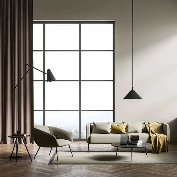 Holzwohnzimmereinrichtung Mit Stühlen Und Couchtisch Mit Dekoration Teppich Und Parkettboden — Stockfoto