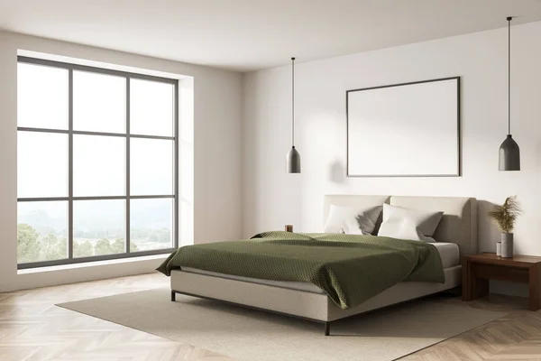 Horizontale Leinwand Weißer Wand Panoramischen Schlafzimmerinnenraum Mit Grünem Und Beigem — Stockfoto