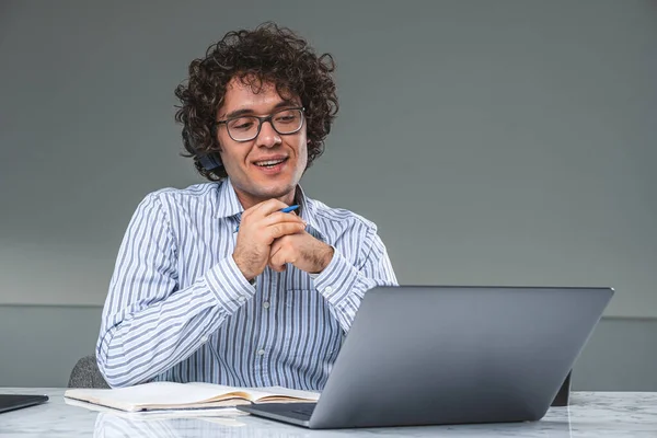 Businessman Wearing Formal Shirt Headphones Working Laptop Having Video Conference — 图库照片