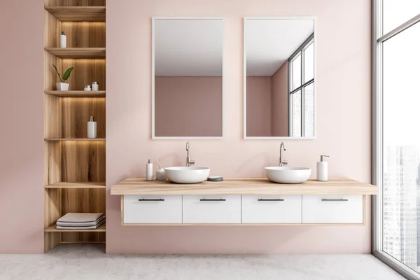 Interior Sala Banho Rosa Com Duas Pias Espelhos Separados Acessórios — Fotografia de Stock