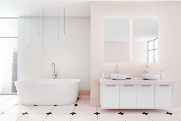 Intérieur Salle Bain Blanche Rose Baignoire Sol Carrelé Deux Lavabos — Photo