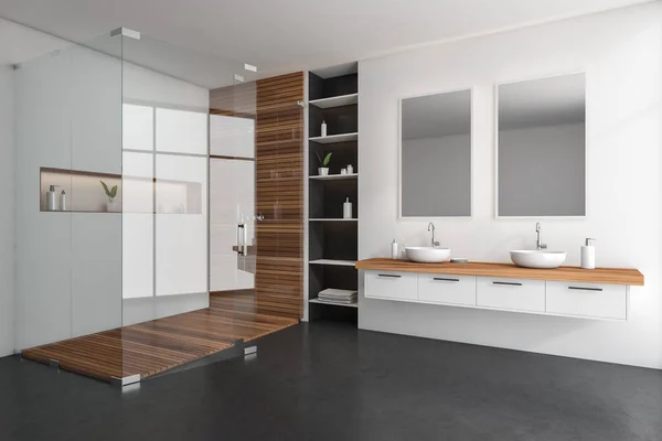 Modern Bathing Room Interior Wooden Douche Glass Doors Side View — Φωτογραφία Αρχείου