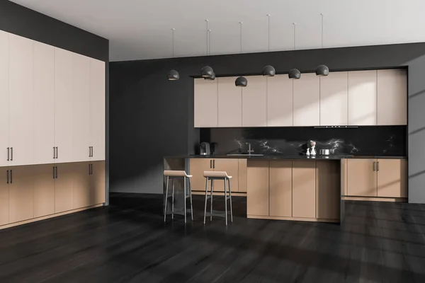 Minimalista Interior Cocina Negra Beige Con Barra Desayuno Dos Taburetes — Foto de Stock