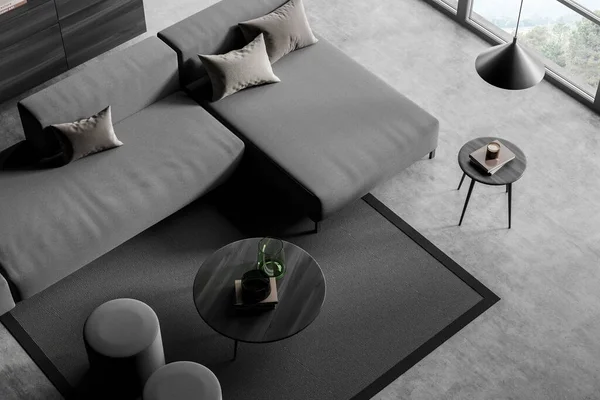 Top View Dark Lounge Room Interior Grey Couch Coffee Table — 图库照片