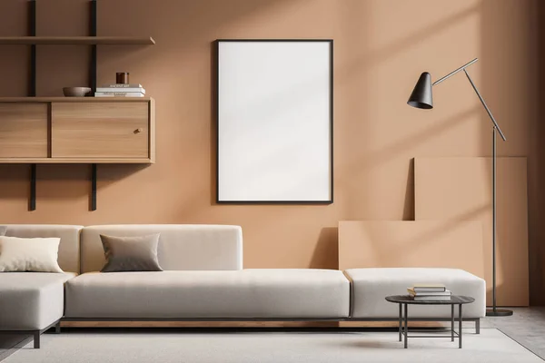 Helles Wohnzimmer Mit Leerem Weißen Poster Großem Sofa Couchtisch Regalen — Stockfoto
