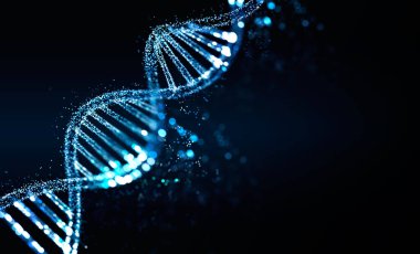 Siyah arka planda mavi DNA. DNA yapısı ve hücreler, Bokeh ışıkları. Biyoteknoloji, bilim ve genetik materyal kavramı. 3B görüntüleme
